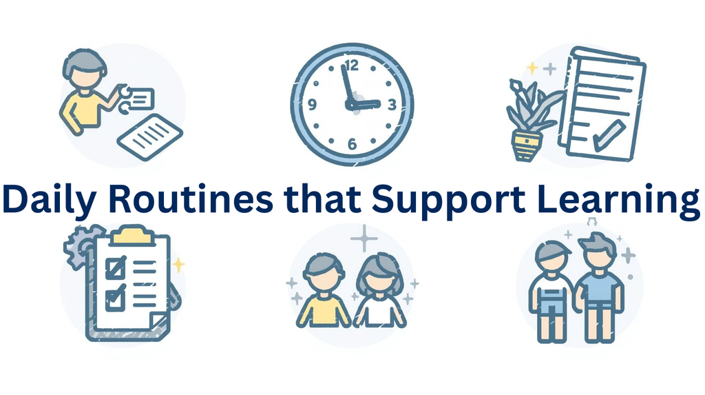 Daily Routines that Support Learning with graphics of homework setup, clock, checklist, child-parent interaction icons.