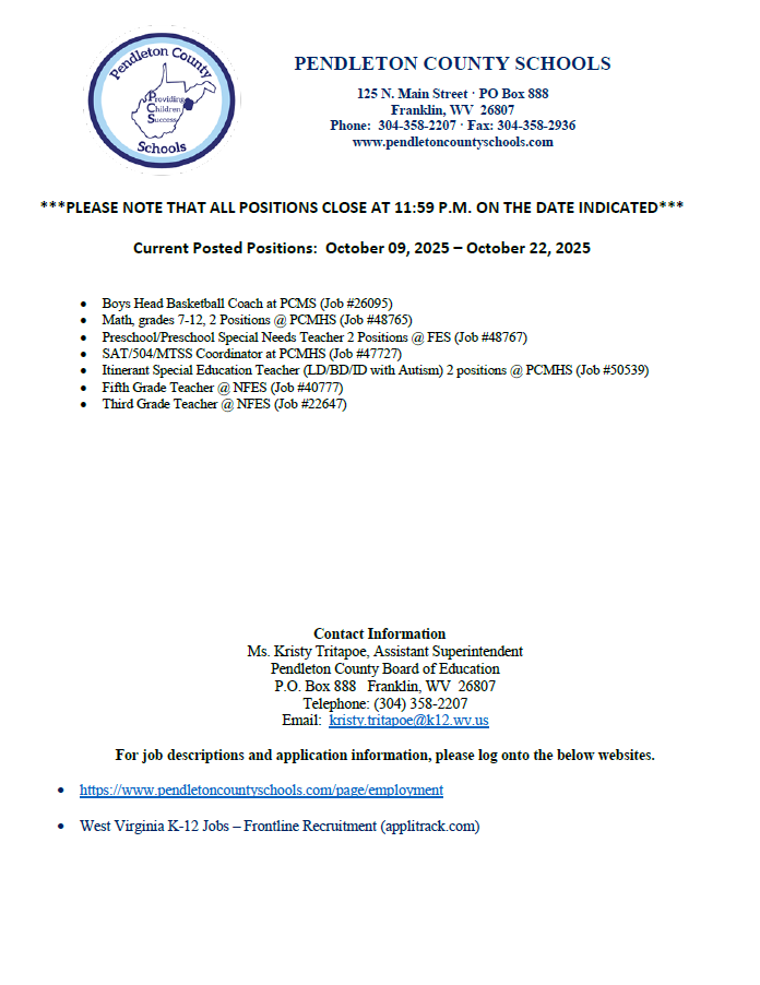Link for PDF is in post-Job Opportunities in Pendleton Co