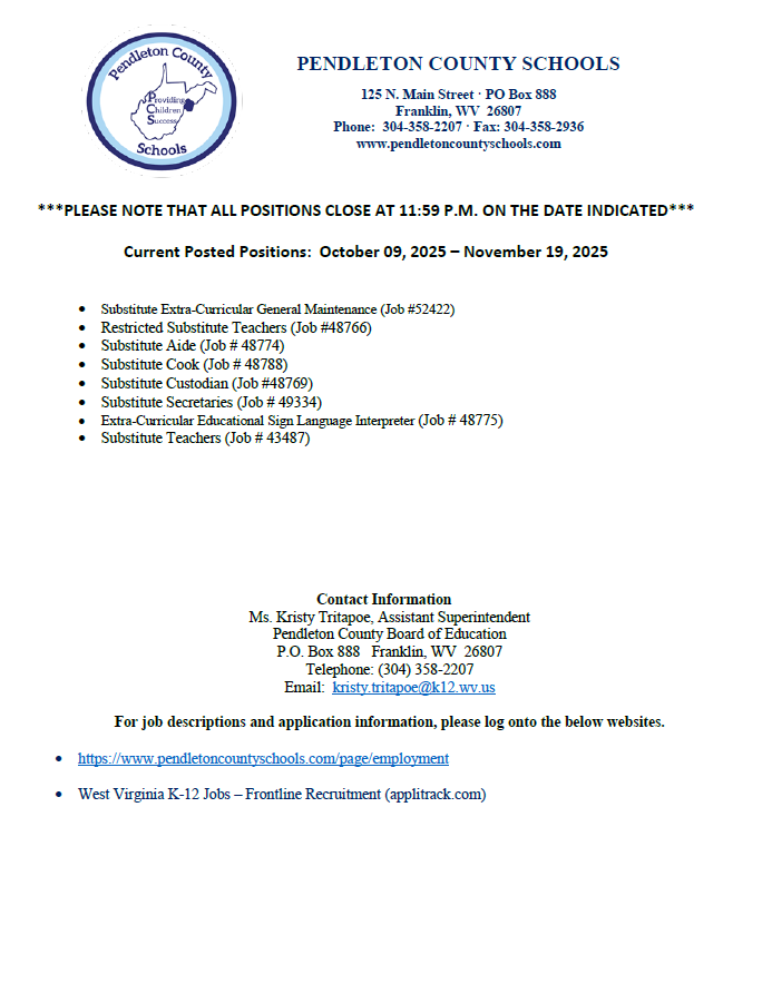 Link for PDF is in post-Job Opportunities in Pendleton Co