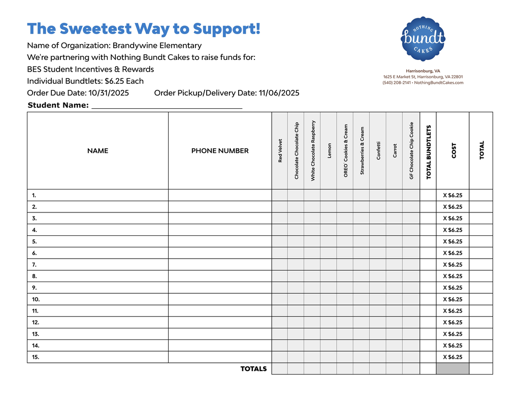 Bundt Cake fundraiser order form-Call the school for more information