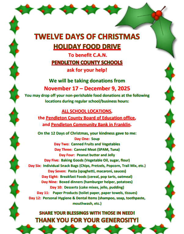 Flyer for CAN food drive. Information also in post. 