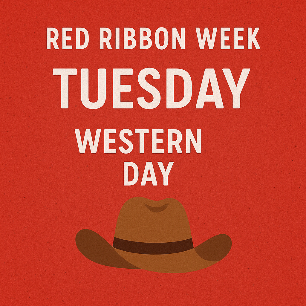 Image reminder of Tuesday being Western Day at BES as a part of Red Ribbon Week with a cowboy hat image.