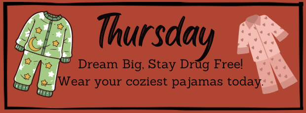 Image to remind families Thursday is PJ day. (Reminder: PJ Day for grades PK-2 and Camo Day for Grades 3-6)