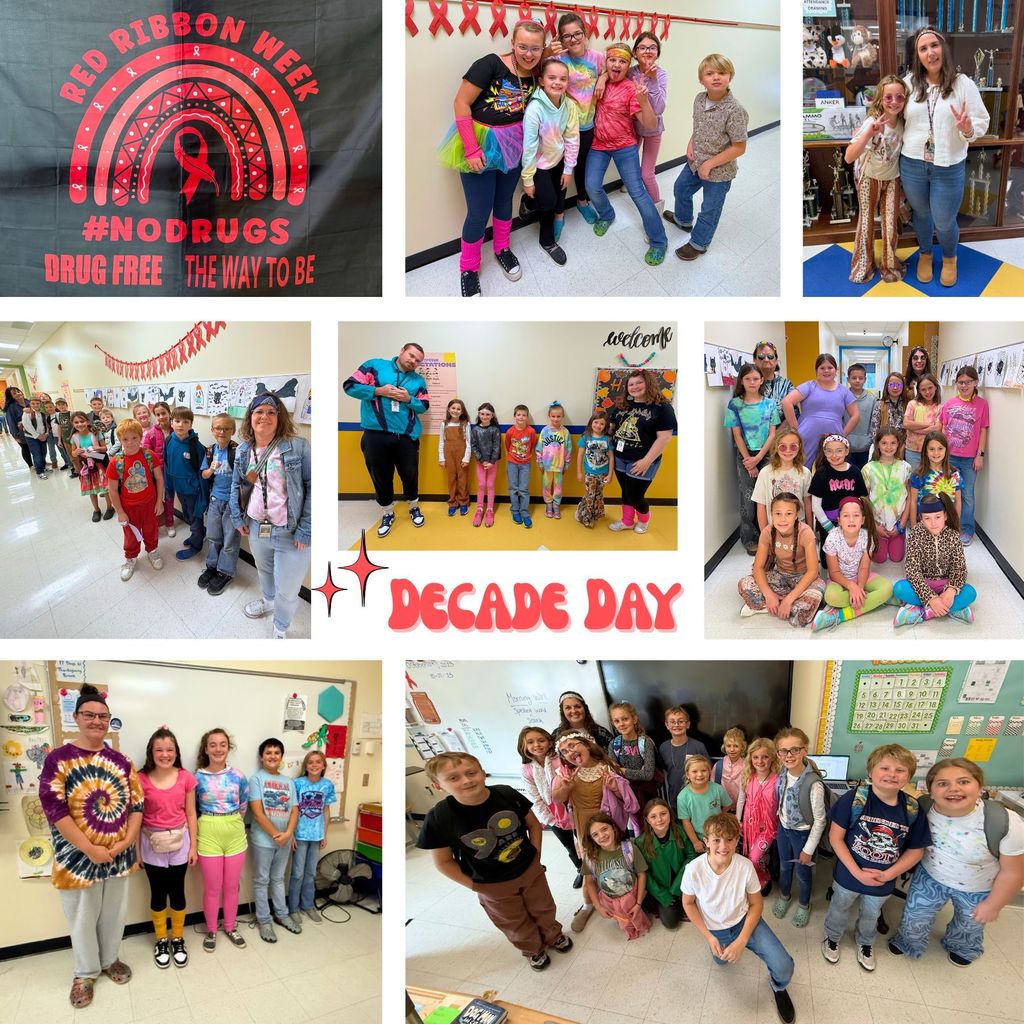 Red Ribbon Week Collage _Decade Day Group pictures of students and teachers dressed up 