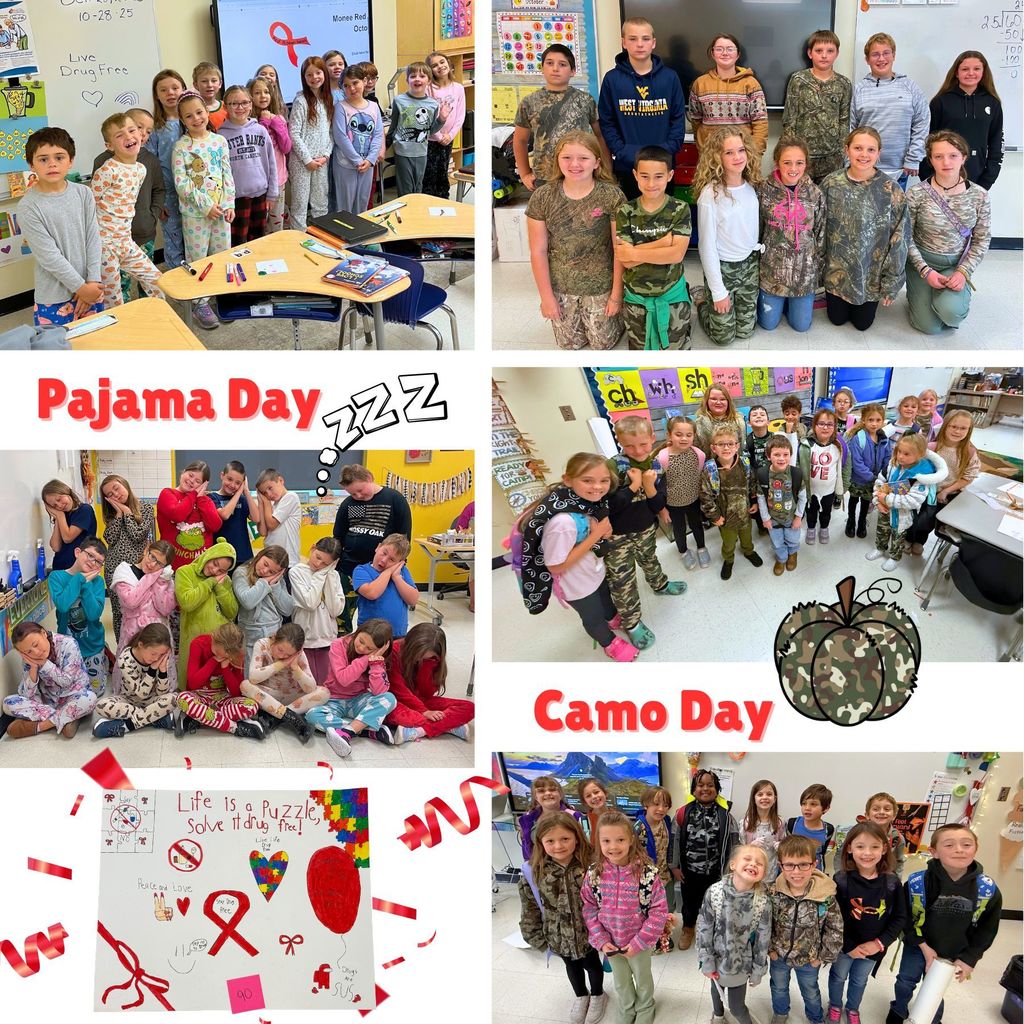 Red Ribbon Week Collage _Pajama and Camo Day Group pictures of students and teachers dressed up 