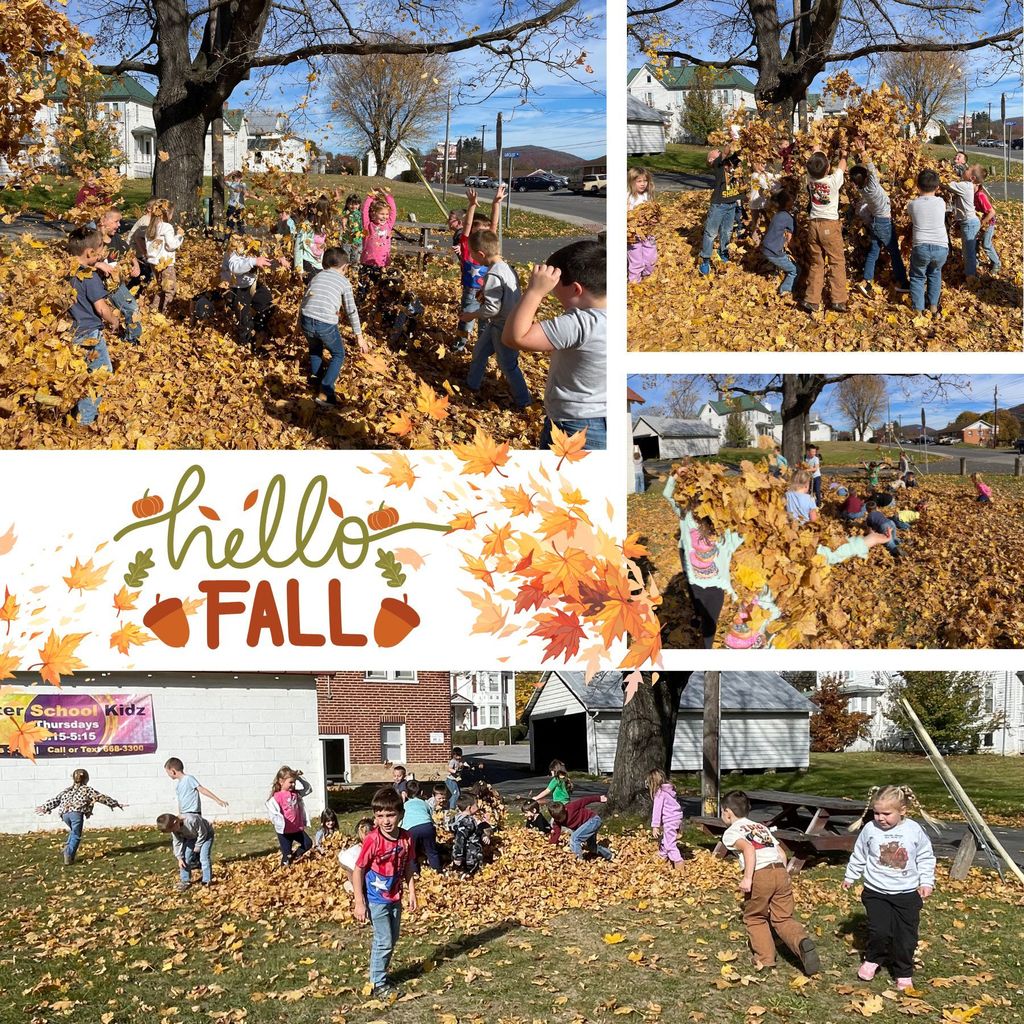 Collage of kids playing in a big leaf pile.