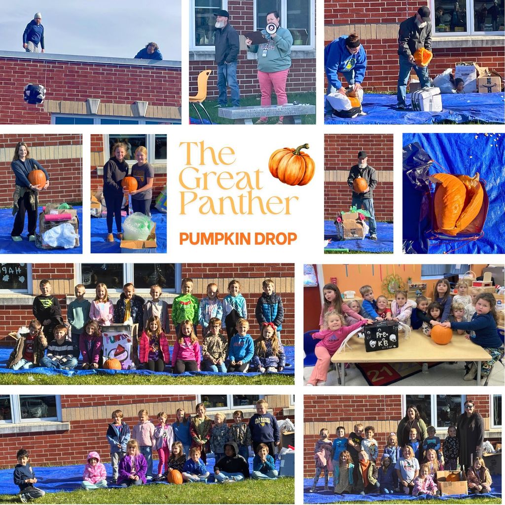 Collage of pictures with kids and their pumpkins that were dropped off of the roof of the school