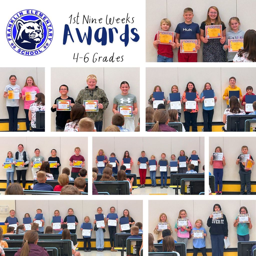 Collage of pictures with kids holding their end of nine weeks awards