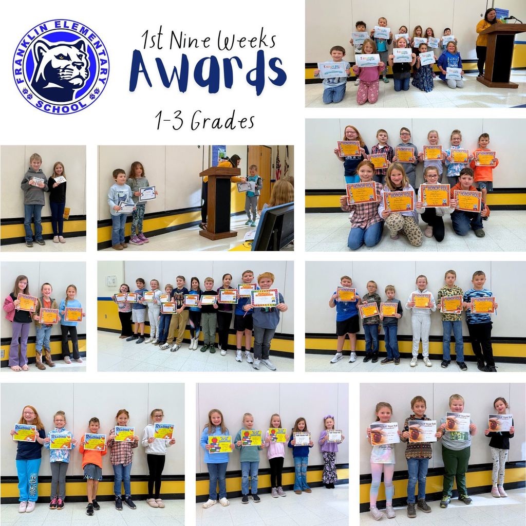 Collage of pictures with kids holding their end of nine weeks awards