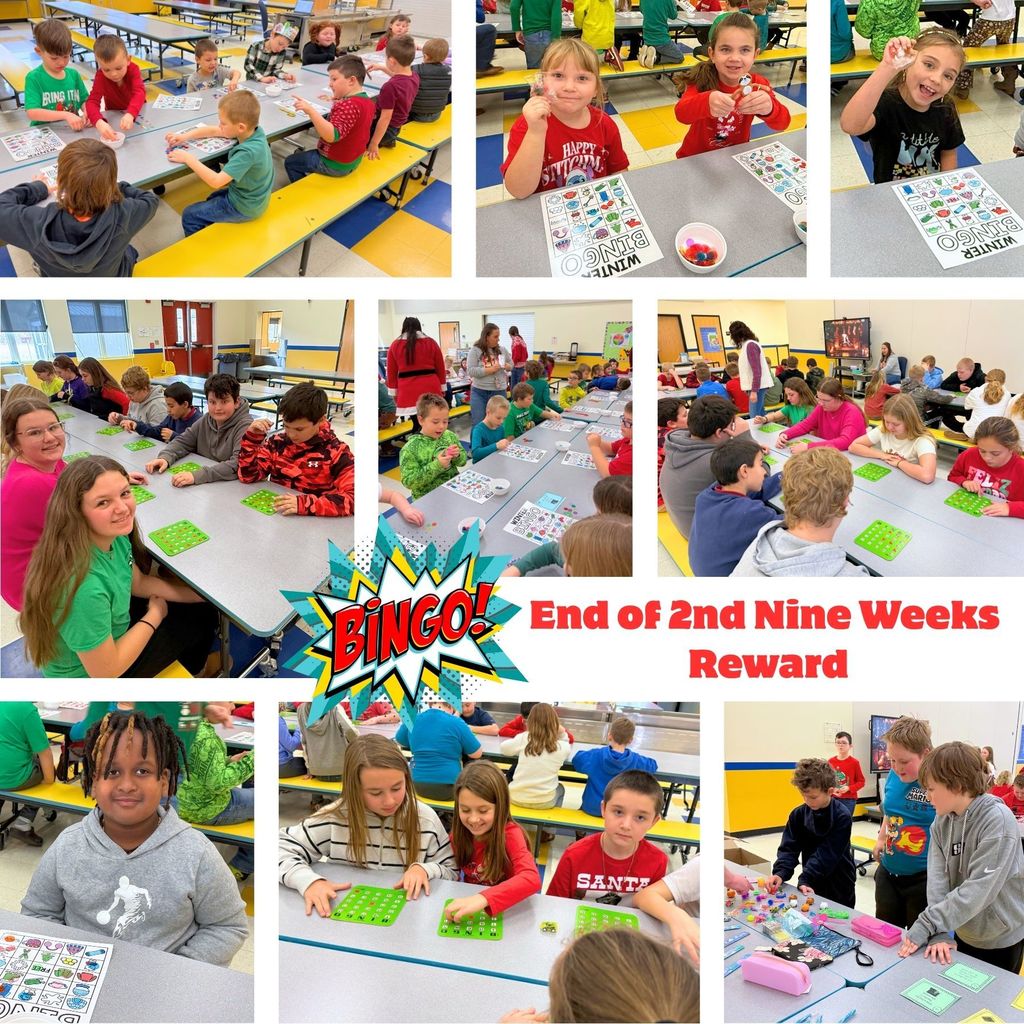 Collage of kids playing Bingo as their end of 9 weeks reward