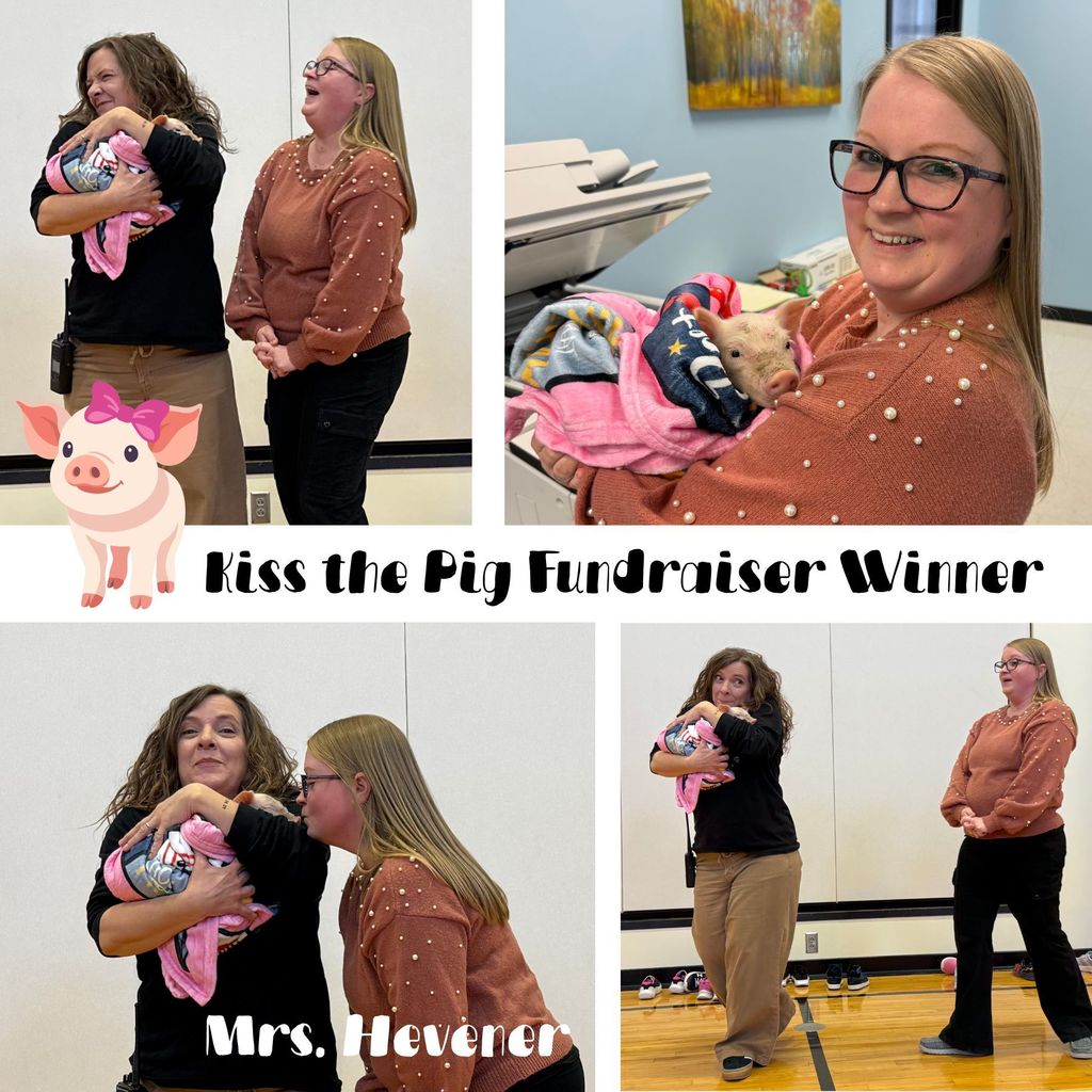 Collage of pictures of the winner of the Kiss the Pig  Fundraiser