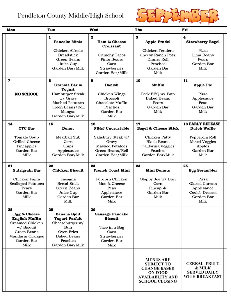 September 2026 Menus