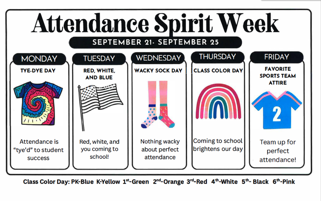 Flier information is listed in post. Flier shows upcoming spirit days.