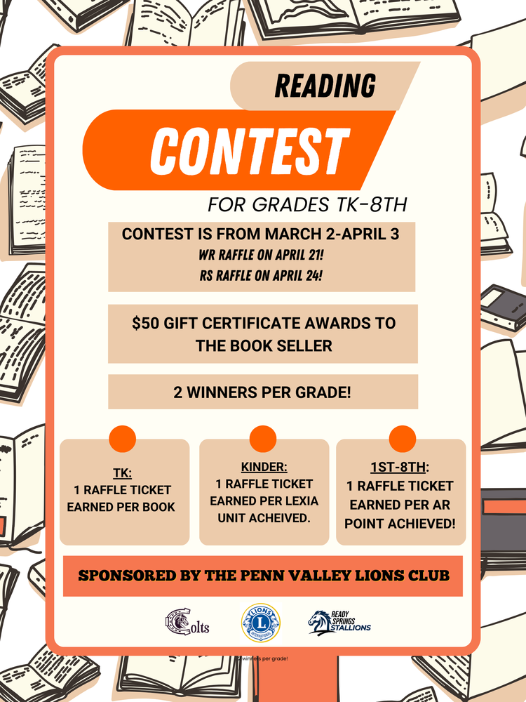 Reading contest march 2 - april 3 WR raffle April 21 RS raffle April 24 $50 gift certificate award 2 winners per grade