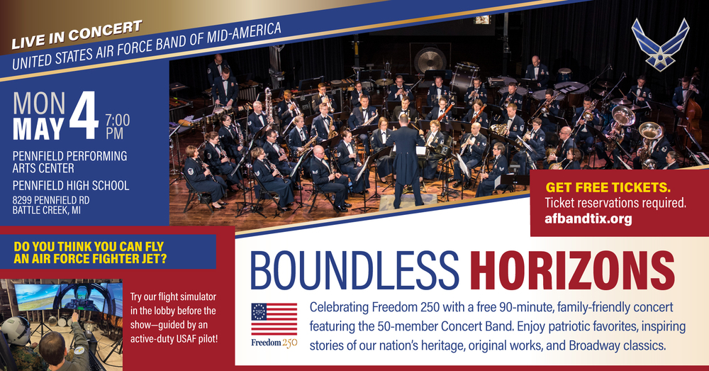 Join us on May 4 at 7:00 PM at the Pennfield Performing Arts Center for a free live concert featuring the United States Air Force Band of Mid-America!  This family-friendly performance will include patriotic favorites, Broadway classics, and more. It’s a great chance to enjoy an incredible night of music right here in the Pennfield community.  🎟️ Free tickets are required — be sure to reserve yours and come out to support this special event!