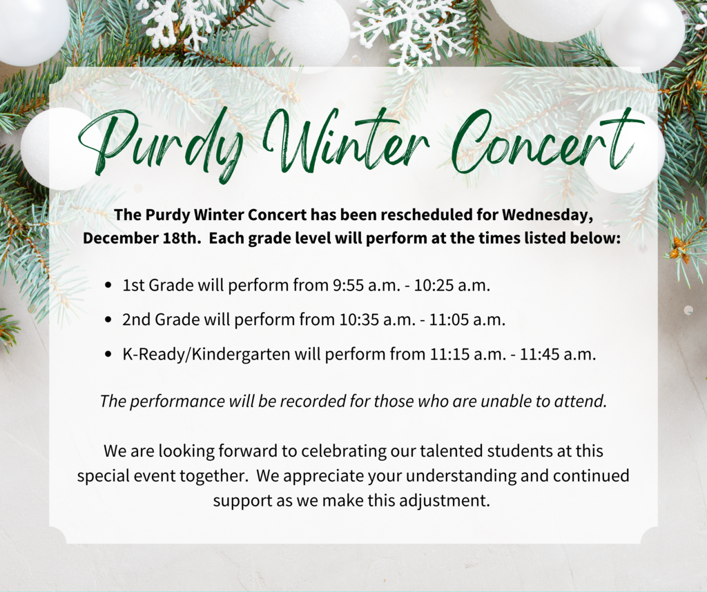 Update: Purdy Winter Concert Rescheduled to 12/18/24