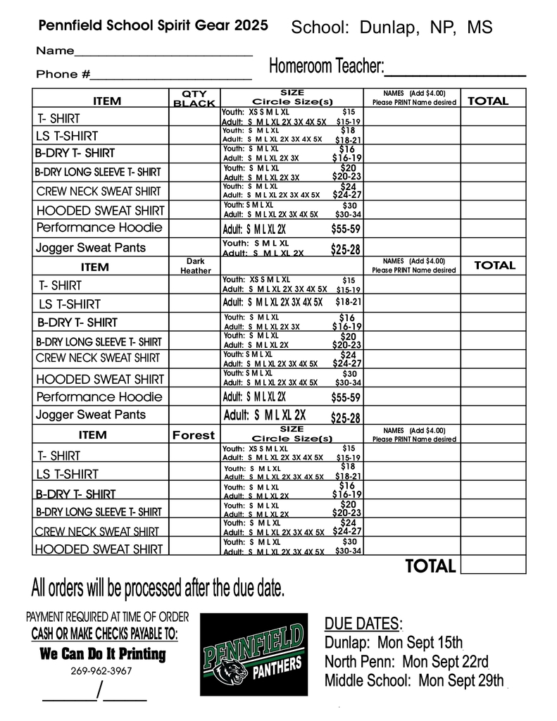 Spirit Wear Fundraiser Order Form