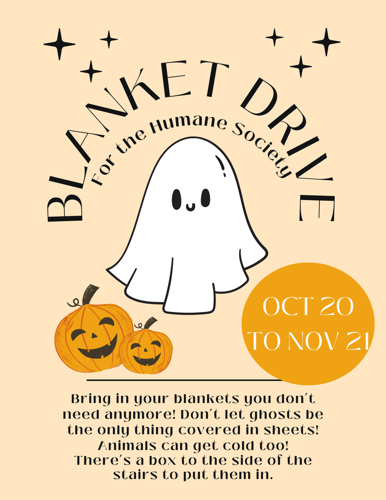 Orange Flyer depicting information about a blanket drive. Large image of ghost and pumpkins.