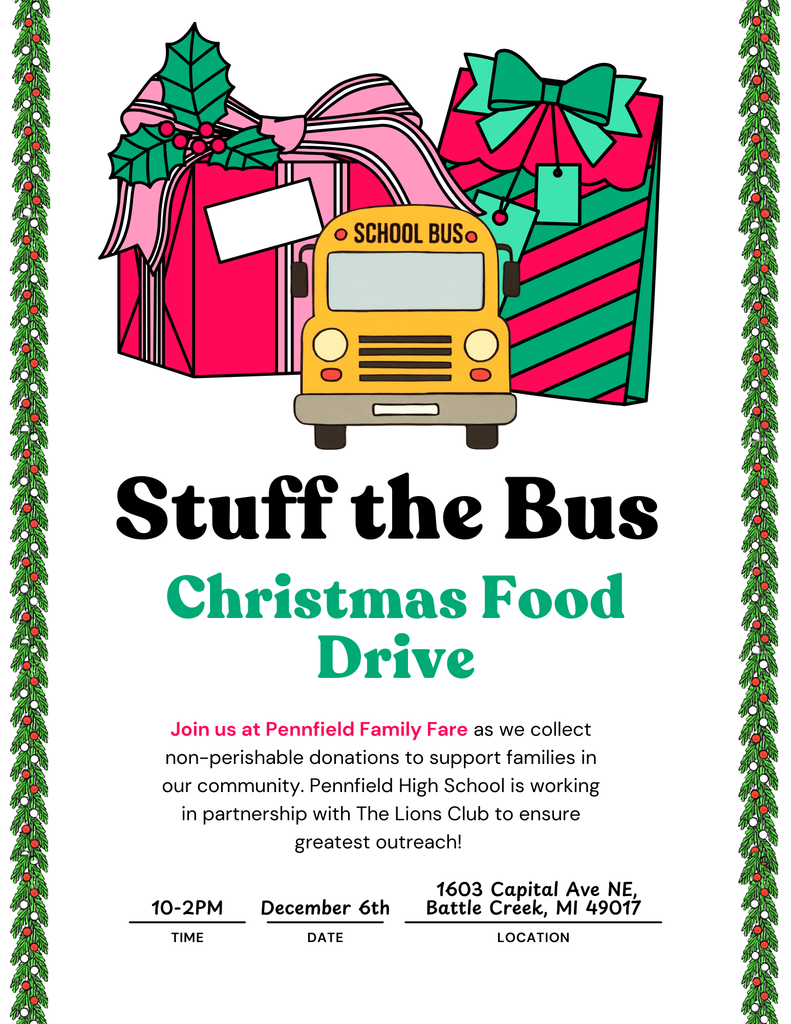 Holiday themed poster, provides information for Stuff the Bus.