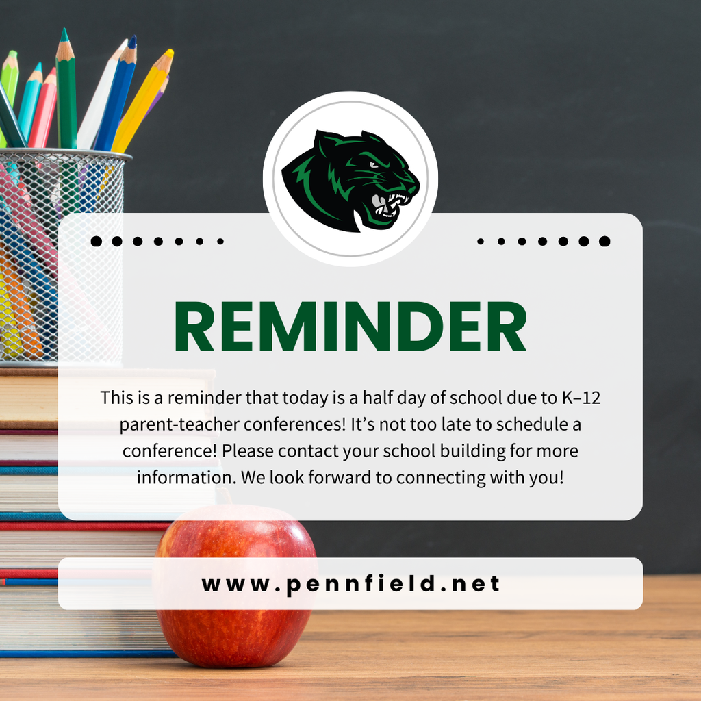 Reminder: Today is a half day of school due to K–12 parent-teacher conferences! 📚 Middle School & High School: 12–6 PM 🍎 Dunlap & North Penn: 1–7 PM It’s not too late to schedule a conference! Please contact your school building for more information. We look forward to connecting with you!