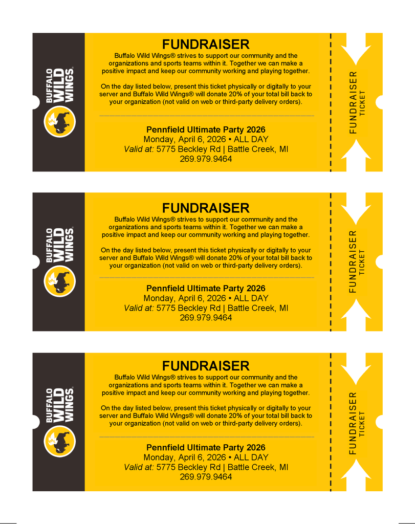 Buffalo Wild wings ticket for the fundraiser described in the caption