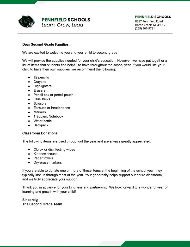 Pennfield Schools second-grade supply letter. Suggested items include number 2 pencils, crayons, highlighters, erasers, a pencil box or pouch, glue sticks, scissors, earbuds or headphones, markers, a one-subject notebook, a water bottle, and a backpack. Requested classroom donations include disinfecting wipes, tissues, paper towels, and dry-erase markers.