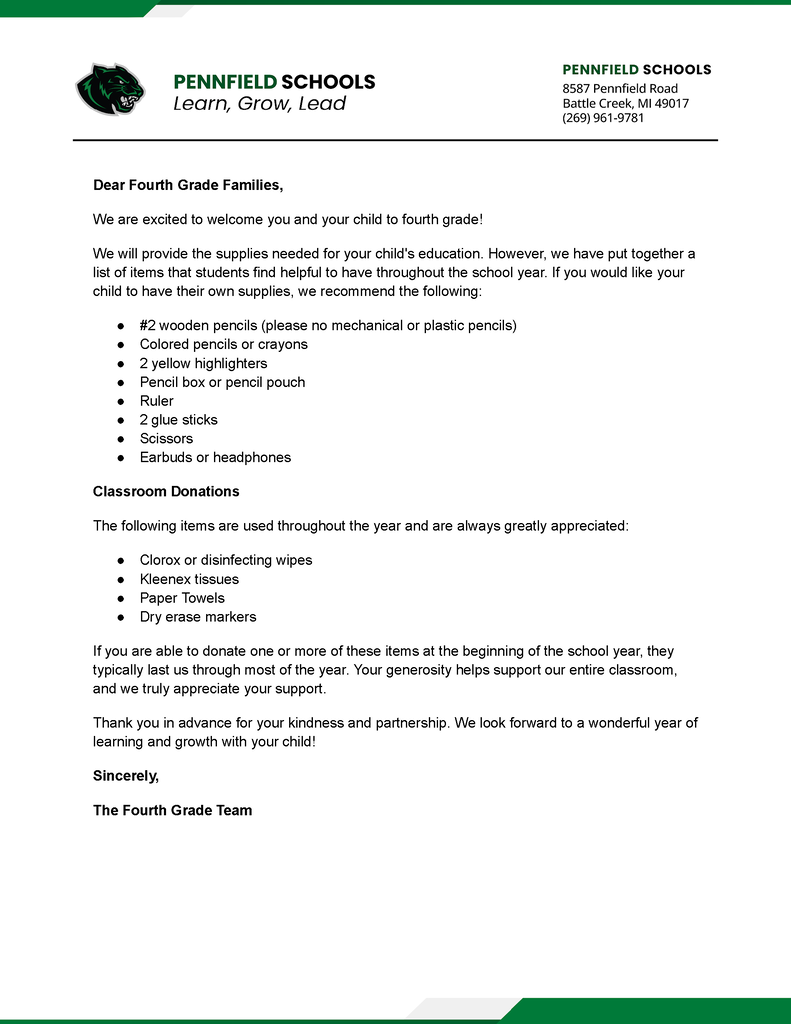 Pennfield Schools fourth-grade supply letter. Suggested items include number 2 wooden pencils, colored pencils or crayons, two yellow highlighters, a pencil box or pouch, a ruler, two glue sticks, scissors, and earbuds or headphones. Requested classroom donations include disinfecting wipes, tissues, paper towels, and dry-erase markers.