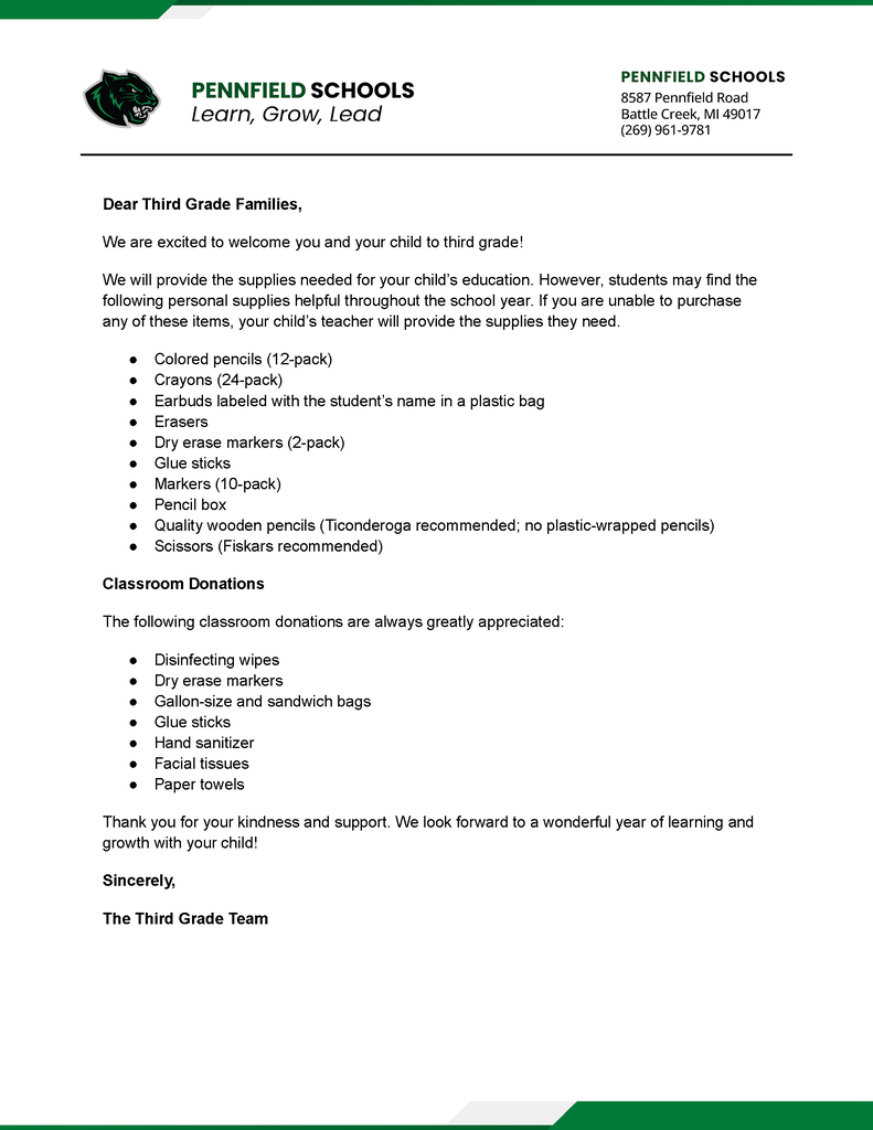 Pennfield Schools third-grade supply letter. Suggested items include colored pencils, crayons, labeled earbuds, erasers, dry-erase markers, glue sticks, markers, a pencil box, quality wooden pencils, and scissors. Requested classroom donations include disinfecting wipes, dry-erase markers, gallon-size and sandwich bags, glue sticks, hand sanitizer, facial tissues, and paper towels.