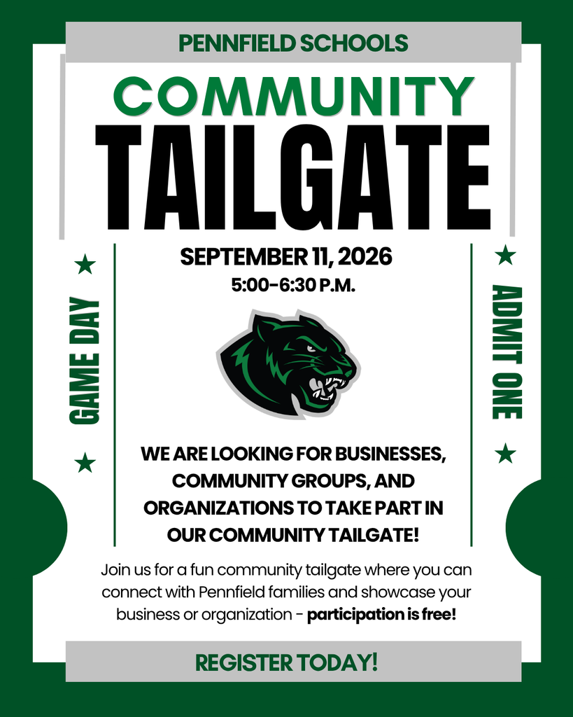 Pennfield Schools Community Tailgate flyer featuring the Panthers logo. The event is September 11, 2026, from 5:00 to 6:30 p.m. Businesses, community groups, and organizations are invited to participate, connect with Pennfield families, and showcase their work. Participation is free. Register today.