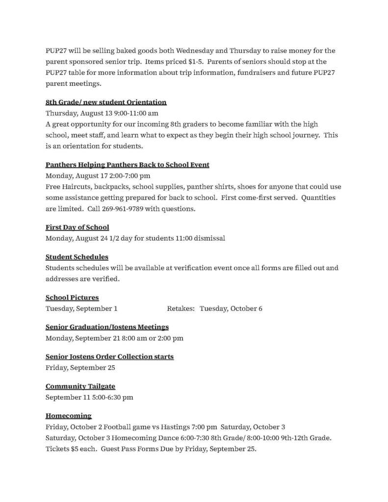 Page 2 of the Pennfield High School back-to-school letter. Lists orientation, assistance event, first day, school pictures, senior meetings, community tailgate, and homecoming dates.