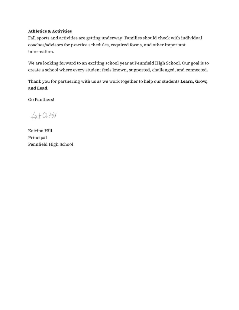 Page 3 of the Pennfield High School back-to-school letter. Shares athletics and activities guidance and a closing message signed by Principal Katrina Hill.