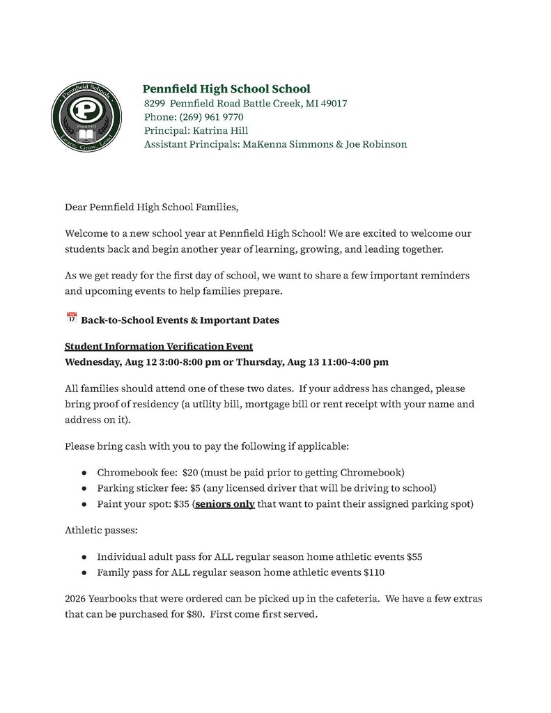 Page 1 of a Pennfield High School back-to-school letter. Includes school contact information, a welcome message, student verification dates, fees, athletic-pass prices, and yearbook pickup details.