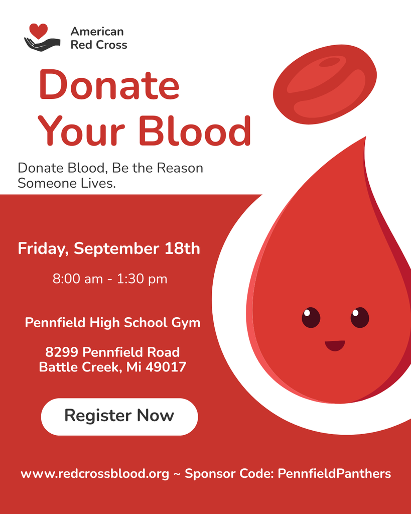American Red Cross blood drive flyer inviting community members to donate blood on Friday, September 18, from 8:00 a.m. to 1:30 p.m. in the Pennfield High School gym, 8299 Pennfield Road, Battle Creek. Register at RedCrossBlood.org using sponsor code PennfieldPanthers.