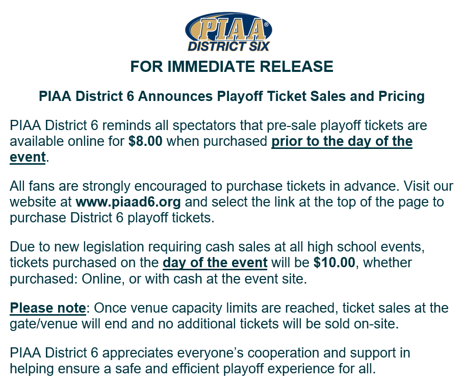 PIAA information regarding tickets, from piaad6.org