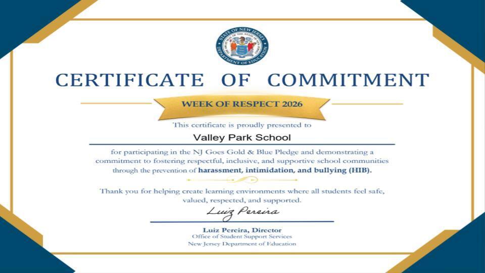 NJ Gold and Blue Certificate to foster a positive climate and prevention of HIB,