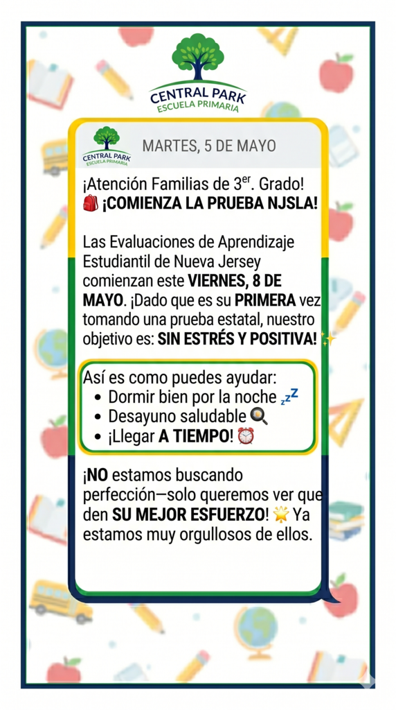 NJSLA Testing Announcement May 8th Spanish