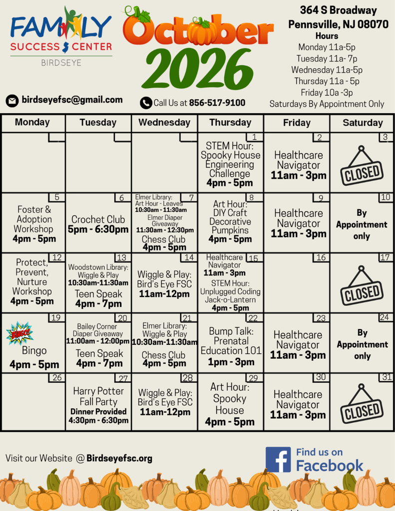 October Calendar for Bird's Eye Family Success Center