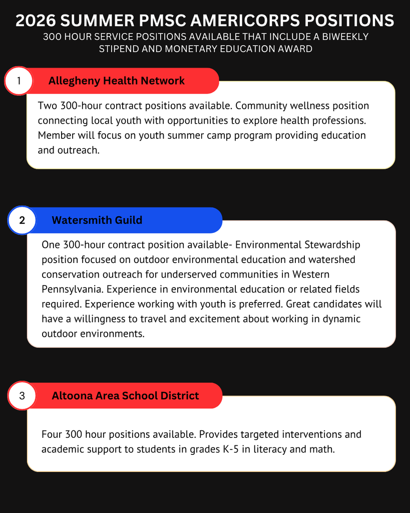 PMSC is HIRING! Open positions outlined include the Allegheny Health Network, Watersmith Guild, and Altoona Area School District