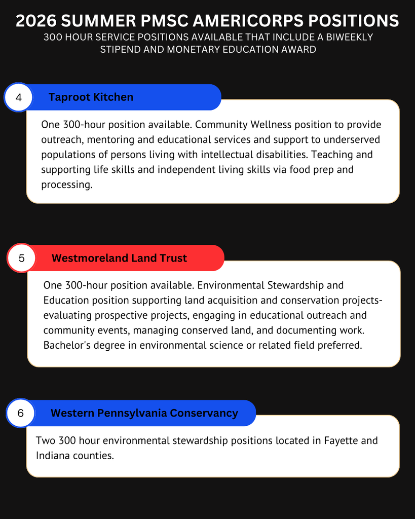 PMSC is HIRING! Open positions outlined include the Taproot Kitchen, Westmoreland Land Trust, and the Western PA Conservancy