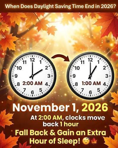 Daylight Savings Time Ends 11/1/26, fall back!