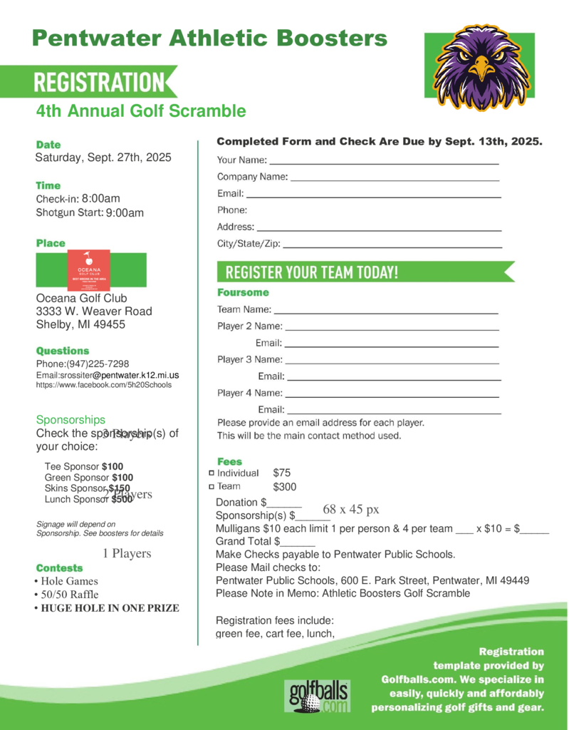 Golf Scramble Registration Form Due by September 13th, 2025. Use the QR code on the flyer to register online.