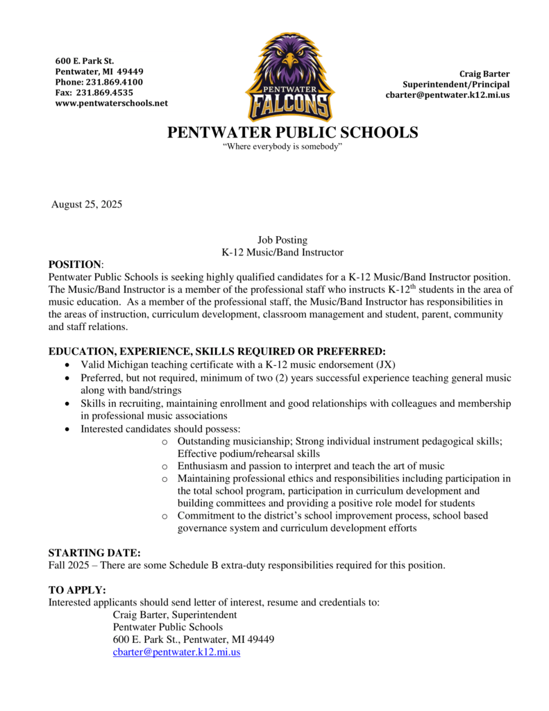 K-12 Music/Band Instructor Job Posting