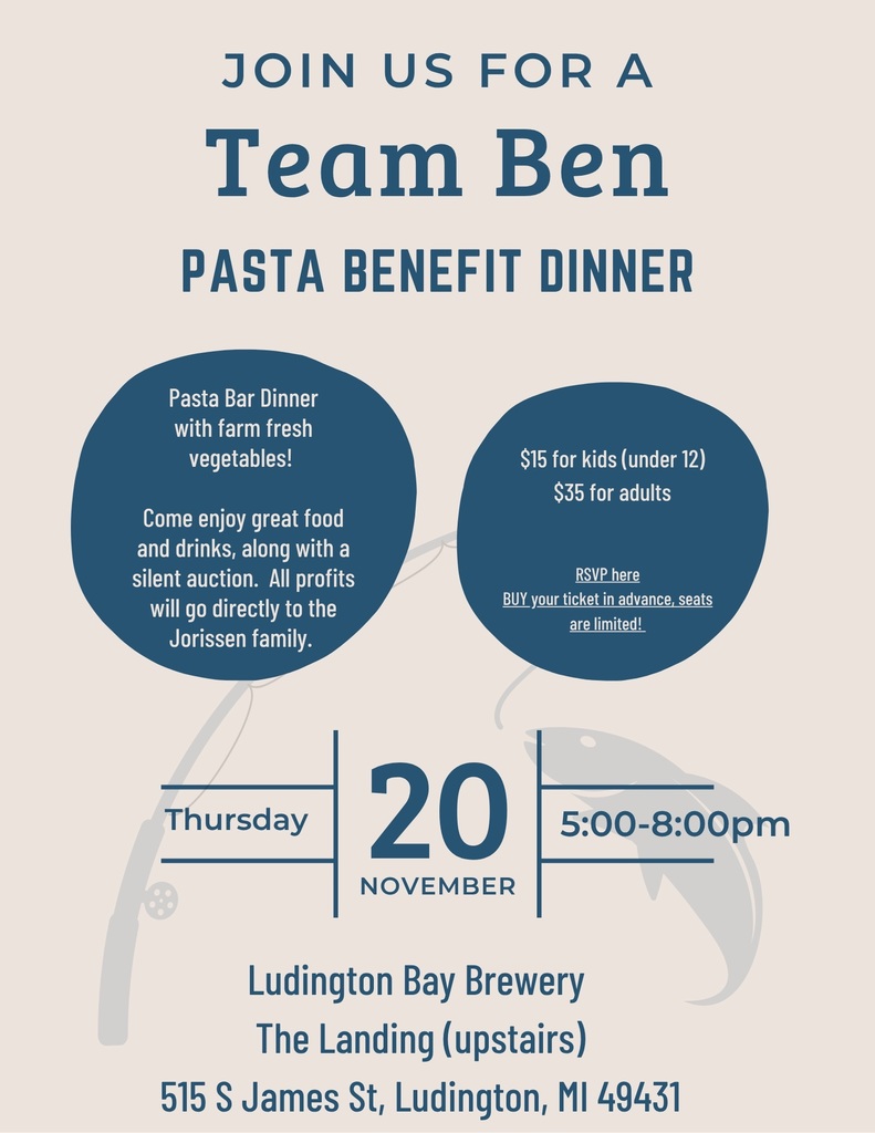 🍝 Need a dinner plan for Thursday night? We’ve got you covered!  Join Ludington Bay Brewery as they host a special “Team Ben” Benefit Pasta Dinner ❤️  📅 November 20th ⏰ 5 PM – 8 PM 📍 Ludington Bay Brewery  Enjoy delicious food, browse a silent auction, and support a wonderful cause. 🙌 All proceeds go directly to the Jorissen family! 💜  Let’s come together and show our community support! 💪💛
