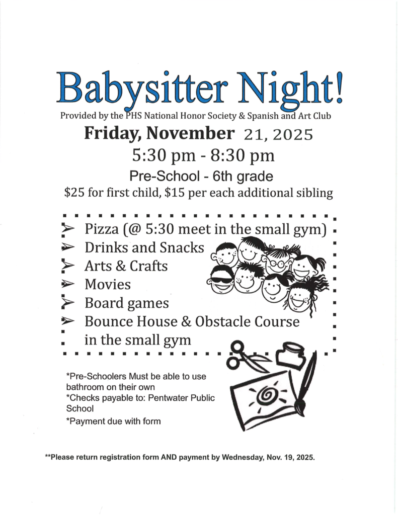 Babysitter night infomation and flyer for November 21st.  Food, drinks and fun provided!