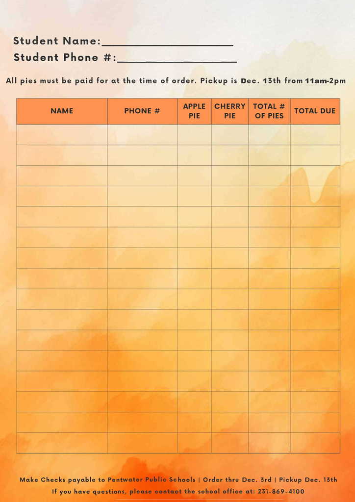 Pentwater Pie Sale order form. Orders are due December 3rd. We need a push to make this possible