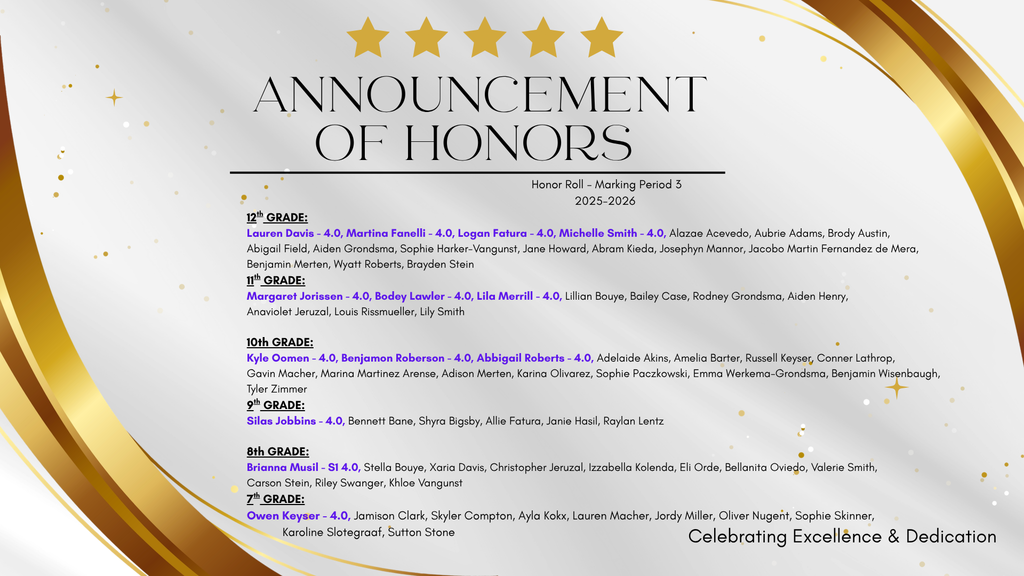 Pentwater JH/HS Marking Period 3 Honor Roll List