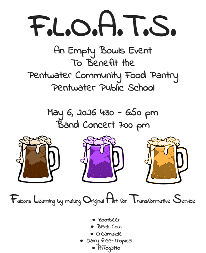 May 6th 4:30-6:50 pm Empty Bowls Event "FLOATS" to benefit the Pentwater Community Food Pantry.  Band Concert at 7pm.