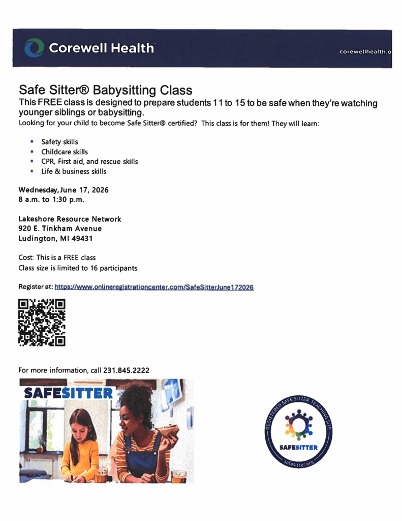 Safe Sitter Babysitting Class - Corewell Health on Wed. 6/17/26 at 920 E. Tinkham Ave., Ludington, MI