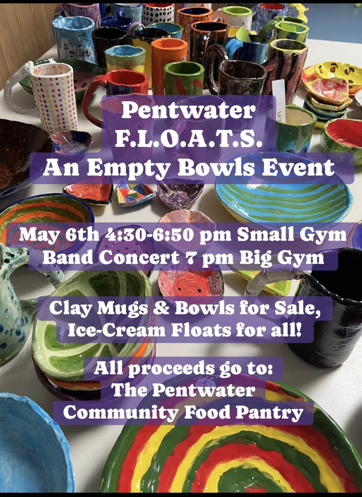 Colorful mugs and bowls made by student artists advertise the event. 