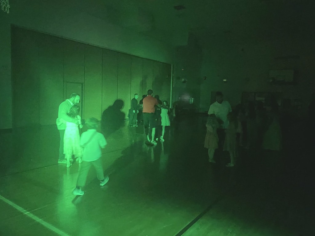 Elementary kids and their families dancing in a dark gym.
